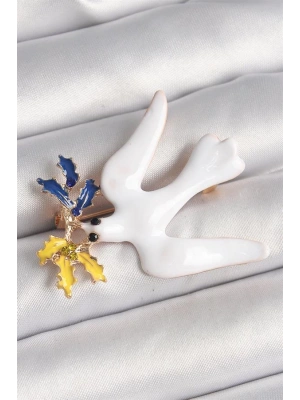 Pirinç Gold Renk Beyaz Kuş Model Zirkon Taşlı Sarı Lacivert Yaprak Detay Kadın Broş