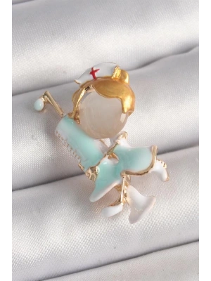 Pirinç Gold Renk Beyaz Mavi Renk Hemşire Model Şırınga Detay Kadın Broş