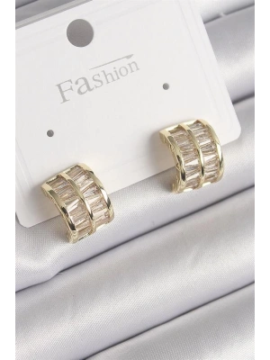 Pirinç Gold Renk Çift Sıra Zirkon Taşlı Kadın Küpe