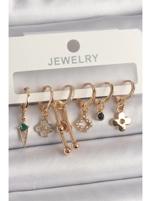 Pirinç Gold Renk Çoklu Figür Kadın Küpe Seti