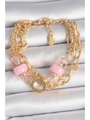 Pirinç Gold Renk Çoklu Pembe Taşlı Kadın Bileklik
