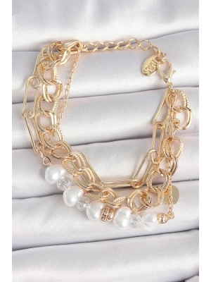 Pirinç Gold Renk Çoklu Zincir Model İncilli Zirkon Taş Detay Kadın Bileklik