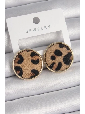 Pirinç Gold Renk Daire Plaka Model Leopar Desenli Kadın Küpe