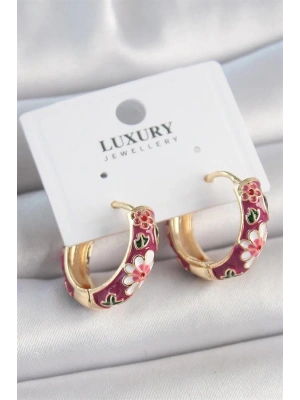 Pirinç Gold Renk Halka Mor Çiçek Mineli Kadın Küpe