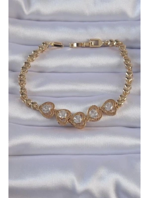 Pirinç Gold Renk İçi Zirkon Taşlı Kalp Figürlü Bileklik