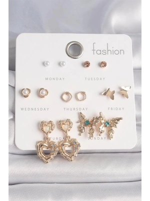 Pirinç Gold Renk İnci Detay Sallantı Kalp Mavi Taş Detaylı Kelebek Figür 7 Çift Kadın Küpe Seti