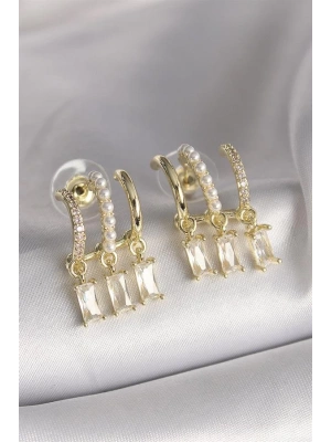 Pirinç Gold Renk İnci Detay Sallantı Zirkon Taşlı Kadın Küpe