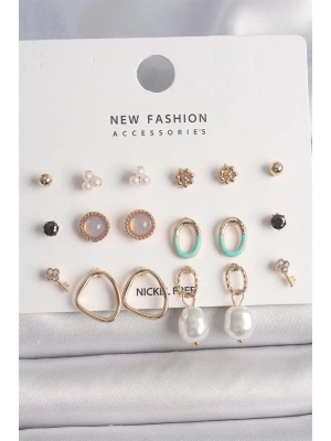 Pirinç Gold Renk İncili Halka Model 9 Çift Kadın Küpe Seti