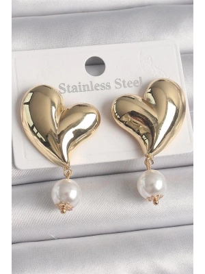 Pirinç Gold Renk Kalp Model Sallantı İnci Detay Kadın Küpe