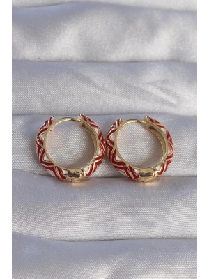 Pirinç Gold Renk Kırmızı Etnik Desenli Halka Küpe