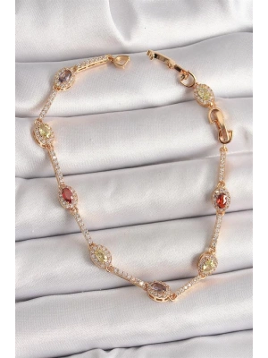 Pirinç Gold Renk Renkli Damla Zirkon Taşlı Kadın Bileklik