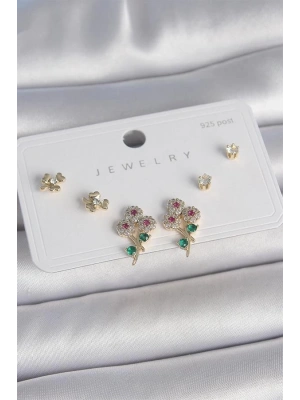 Pirinç Gold Renk Renkli Zirkon Taşlı Çiçek Model Yaprak Detay 925 Ayar Gümüş Çivi Kadın Küpe Seti