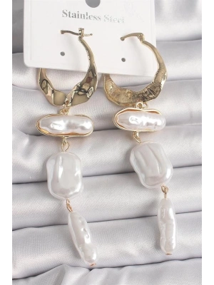 Pirinç Gold Renk Sallantı Ezme İnci Model Kadın Küpe