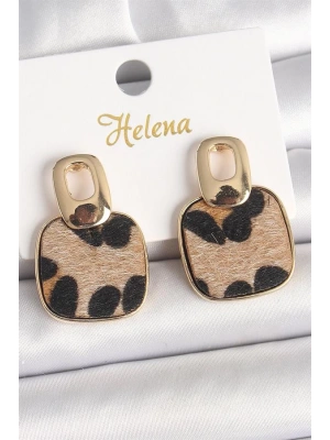 Pirinç Gold Renk Sallantı Kare Leopar Model Kadın Küpe