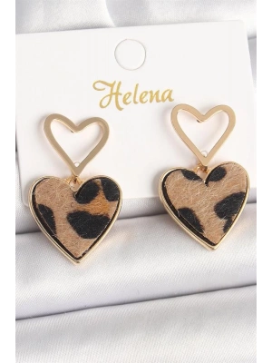 Pirinç Gold Renk Sallantı Leopar Kalp Model Kadın Küpe