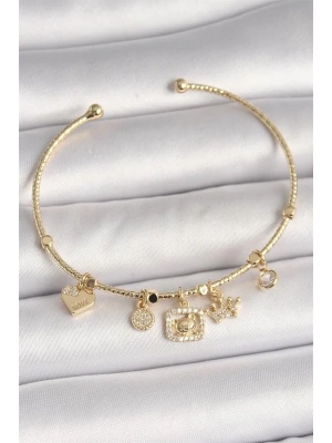 Pirinç Gold Renk Sallantı Zirkon Taşlı Ayıcık Figür Taç Detay Charm Kadın Bileklik