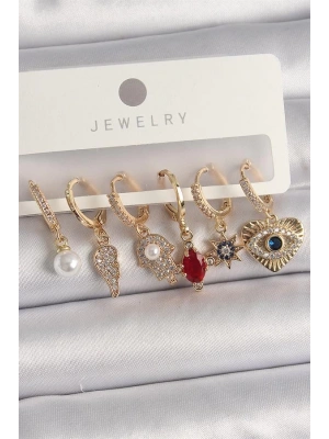 Pirinç Gold Renk Sallantı Zirkon Taşlı Fatma Ana El Figür Kadın Küpe Seti