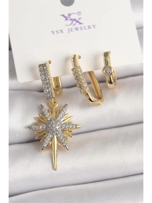 Pirinç Gold Renk Sallantı Zirkon Taşlı Kutup Yıldız Model 3Lü Kadın Kombin Küpe