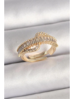 Pirinç Gold Renk Su Yolu Zirkon Taşlı Ayarlanabilir Model Kadın Yüzük