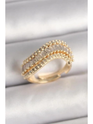 Pirinç Gold Renk Su Yolu Zirkon Taşlı Dalga Model Ayarlanabilir Kadın Yüzük