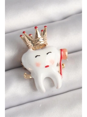 Pirinç Gold Renk Taç Beyaz Diş Model Diş Fırçası Detay Kadın Broş