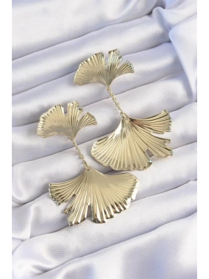 Pirinç Gold Renk Tırtıklı Yaprak Model Sallantılı Küpe