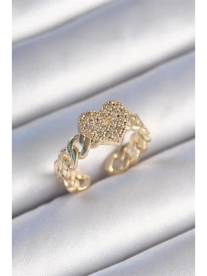 Pirinç Gold Renk Zincir Kordon Zirkon Taşlı Kalp Model Kadın Yüzük
