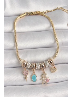 Pirinç Gold Renk Zincir Sallantı Zirkon Taşlı Ayıcık Figür Çiçek Detay Kadın Bileklik