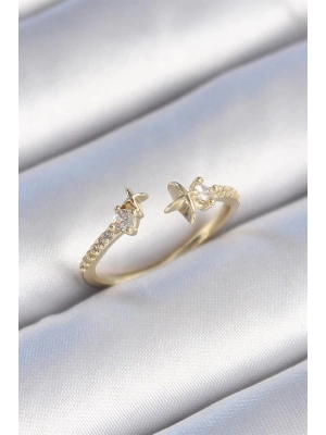 Pirinç Gold Renk Zirkon Taş Detay Yıldız Model Kadın Yüzük