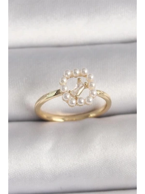 Pirinç Gold Renk Zirkon Taş Detaylı İncili Ayarlanabilir Yüzük