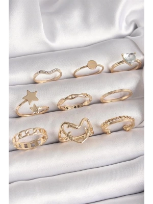 Pirinç Gold Renk Zirkon Taş Detaylı Kalp Yıldız Figür Kadın Yüzük Kombini