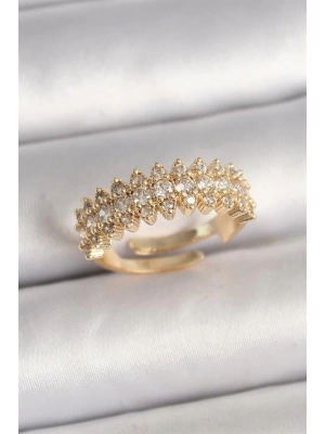 Pirinç Gold Renk Zirkon Taşlı Ayarlanabilir Model Kadın Yüzük