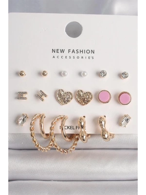 Pirinç Gold Renk Zirkon Taşlı Burug Halka Model İşlemeli Kalp Detay 9 Çift Kadın Küpe Seti