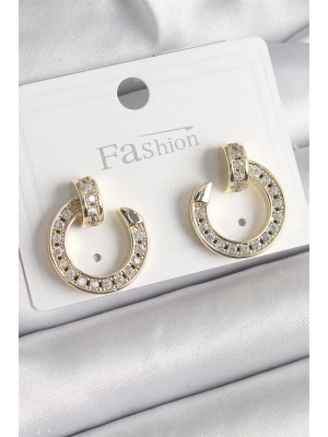 Pirinç Gold Renk Zirkon Taşlı Çivi Halka Model Kadın Küpe