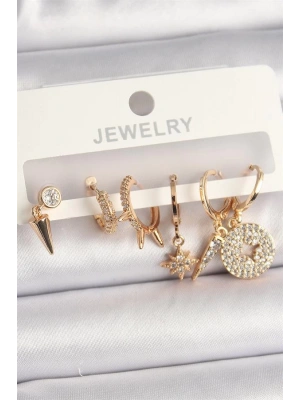 Pirinç Gold Renk Zirkon Taşlı Çoklu Figür Kadın Küpe Seti