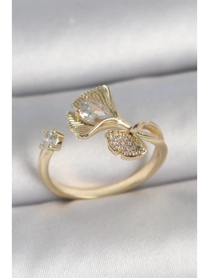 Pirinç Gold Renk Zirkon Taşlı Deniz Kabuğu Model Ayarlanabilir Kadın Yüzük