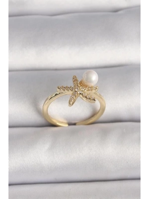 Pirinç Gold Renk Zirkon Taşlı Deniz Yıldızı Model İnci Detay Ayarlababilir Yüzük