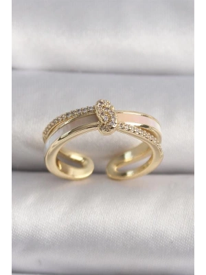 Pirinç Gold Renk Zirkon Taşlı Düğüm Model VIP Seri Kadın Yüzük