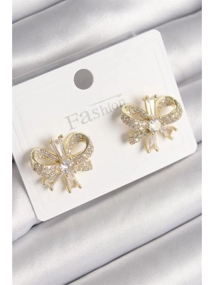Pirinç Gold Renk Zirkon Taşlı Fiyonk Model Kadın Küpe