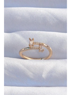 Pirinç Gold Renk Zirkon Taşlı Geometrik Ayarlanabilir Yüzük