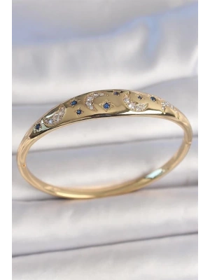 Pirinç Gold Renk Zirkon Taşlı Hilal İşleme Mavi Taşlı Yıldız Detay Kadın Kelepçe