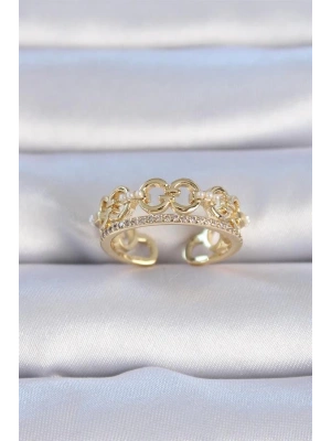Pirinç Gold Renk Zirkon Taşlı İnci Detay Kadın Yüzük