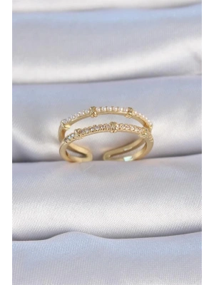 Pirinç Gold Renk Zirkon Taşlı İnci Detay Kadın Yüzük