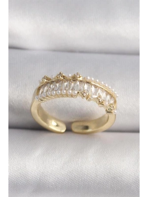 Pirinç Gold Renk Zirkon Taşlı İnci Detay VIP Seri Kadın Yüzük