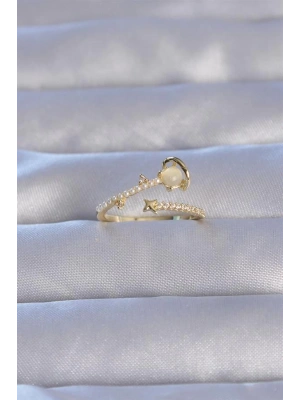 Pirinç Gold Renk Zirkon Taşlı İncili Satürn Model Ayarlanabilir Yüzük