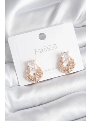 Pirinç Gold Renk Zirkon Taşlı Kadın Küpe