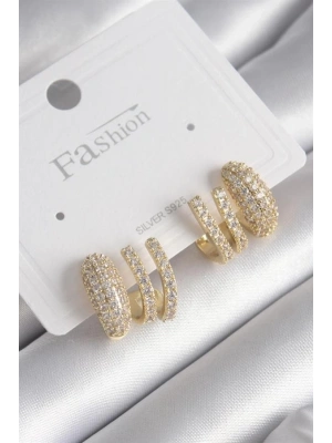 Pirinç Gold Renk Zirkon Taşlı Kadın Küpe