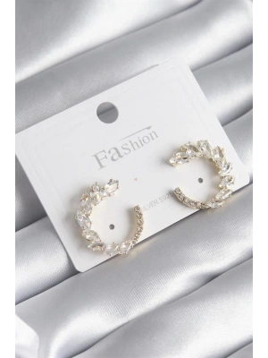 Pirinç Gold Renk Zirkon Taşlı Kadın Küpe