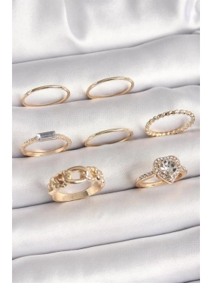 Pirinç Gold Renk Zirkon Taşlı Kalp Figür Düğüm Detay Kadın Yüzük Kombini