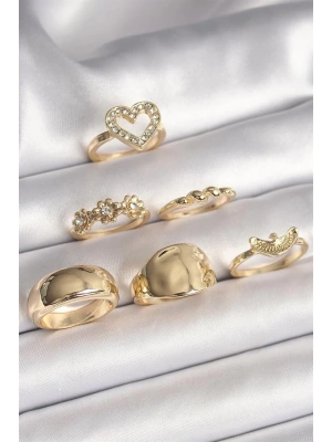 Pirinç Gold Renk Zirkon Taşlı Kalp Figür Kuş Detay 6Lı Kadın Yüzük Seti